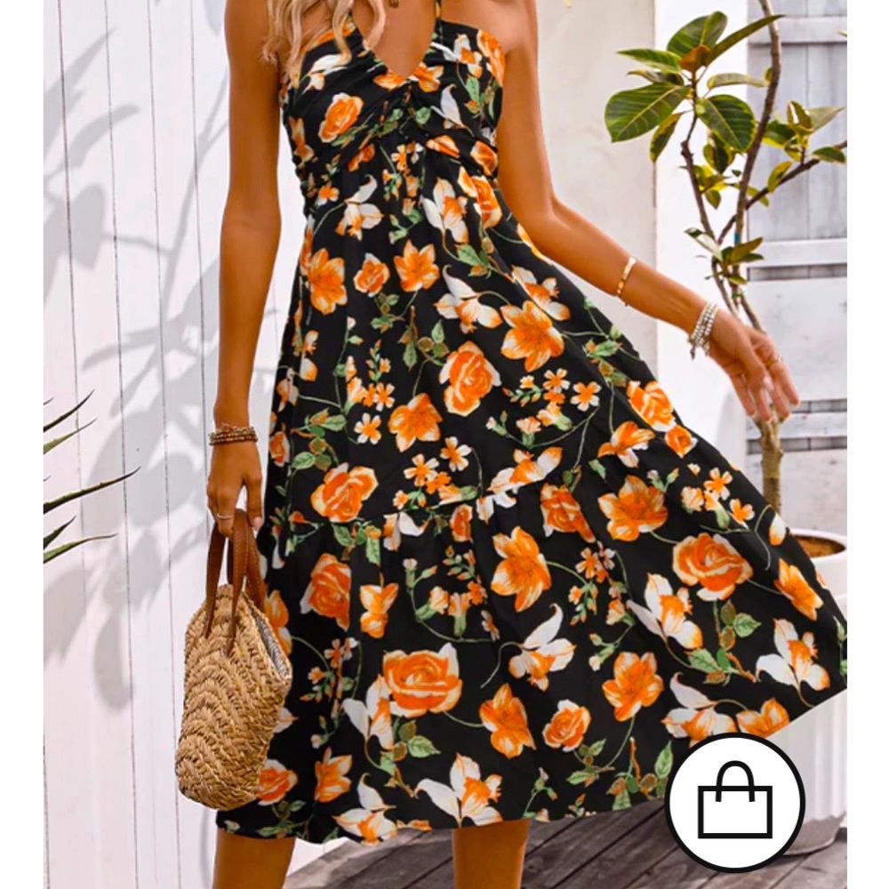 Black Summer dress-halter top with orange flowers